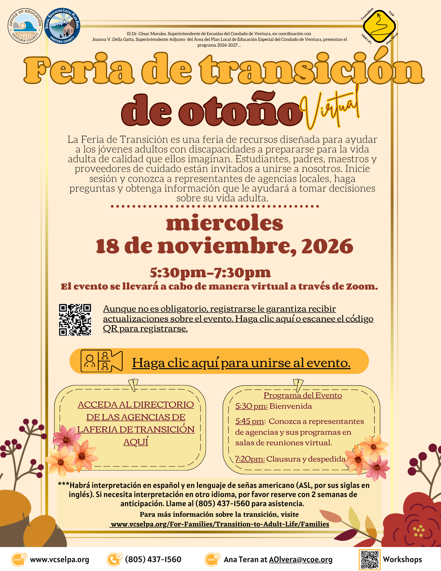 Flyer Fall Transition Fair November 18, 2026 in Spanish